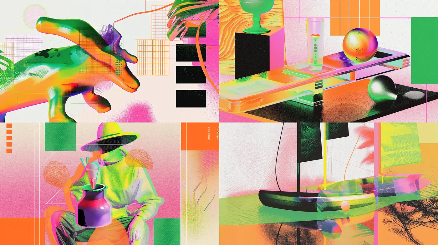 Surreal Chromatic Fusion: A Vivid Juxtaposition of Modernist Art and Digital Abstraction - Midjourney sref style