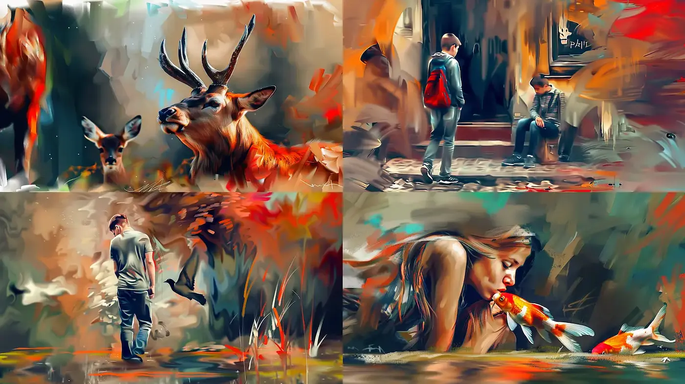 Expressive and dynamic art style with elements of nature and emotion - Midjourney sref style