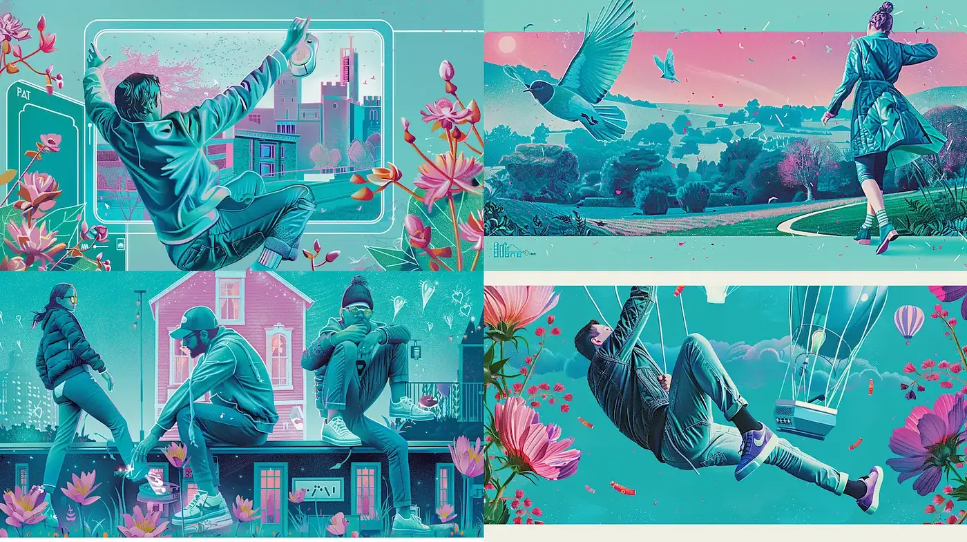 Vibrant urban surrealism with a playful essence and dynamic elements - Midjourney sref style