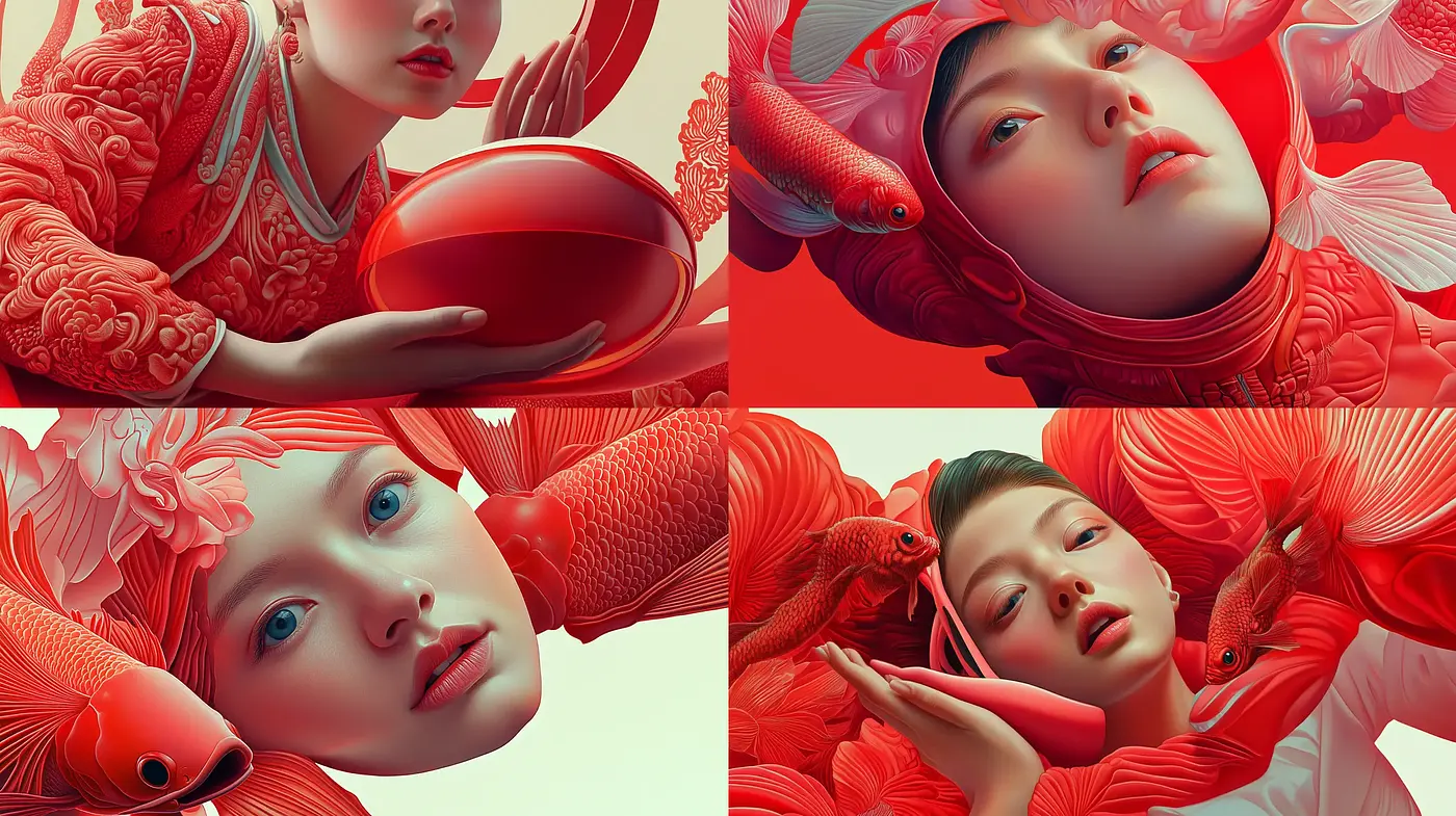 Crimson Elegance: A Hyper-Realistic Fusion of Eastern Traditions with Surrealist Overtones - Midjourney sref style