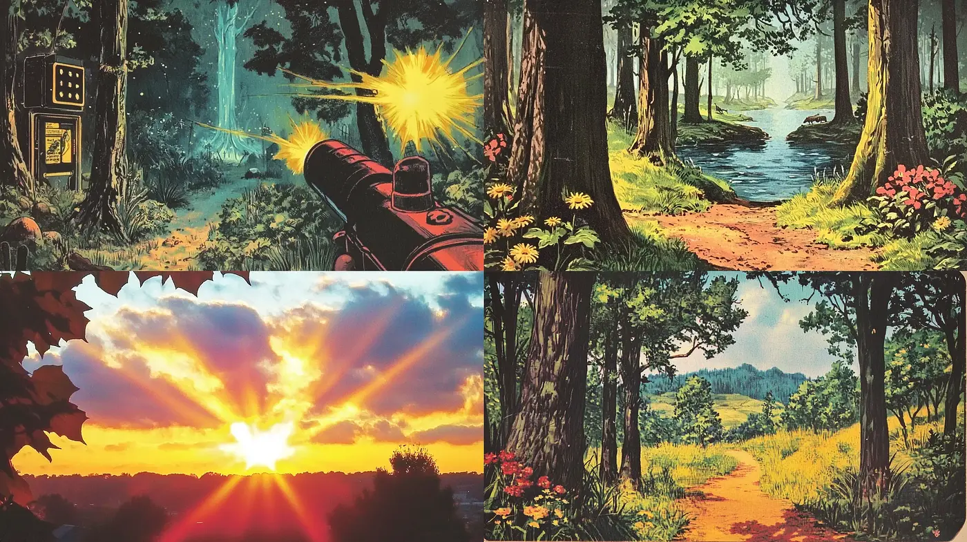 Lush and Radiant Nature Vistas with a Touch of Nostalgic Animation - Midjourney sref style