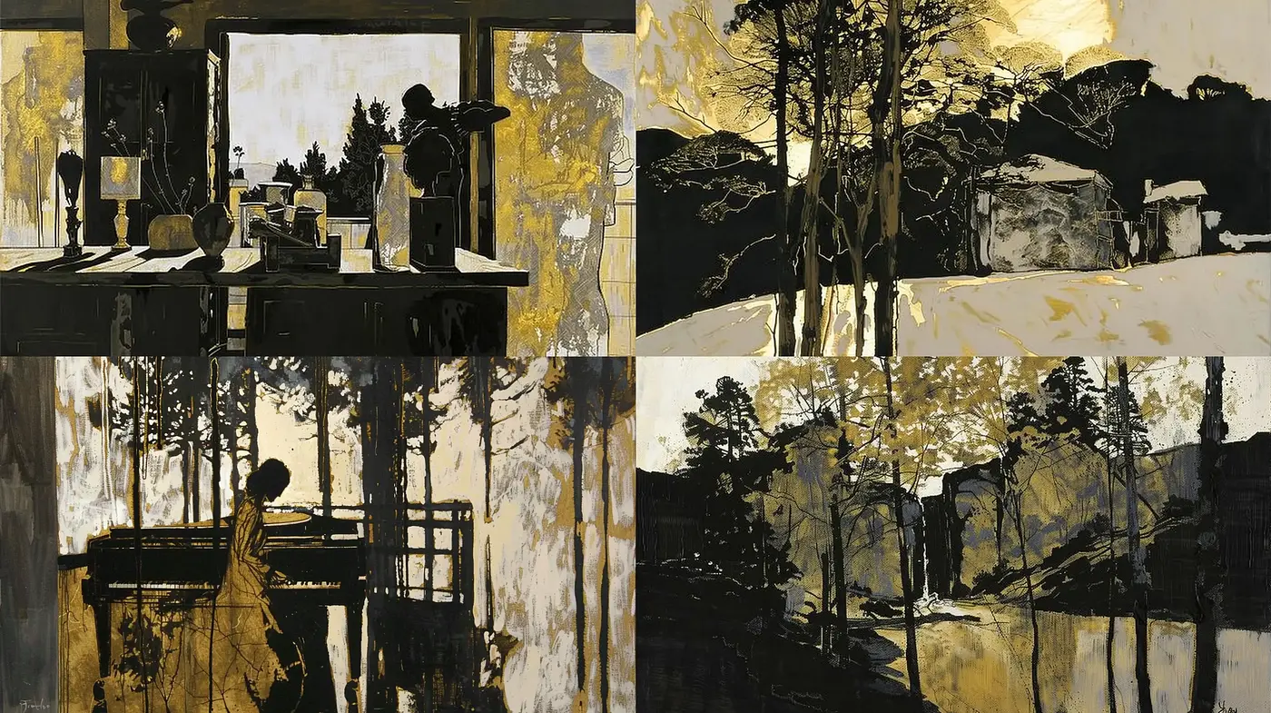 Nocturnal Serenity with Gilded Accents: A Consistent Vision in Monochrome and Gold - Midjourney sref style