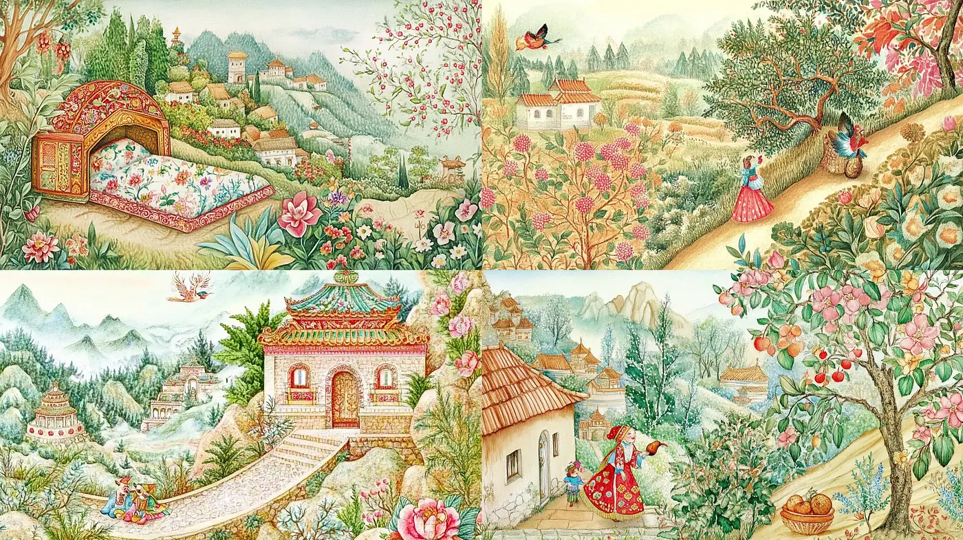 Dreamlike Pastoral Serenity in Stylized Watercolor - Midjourney sref style