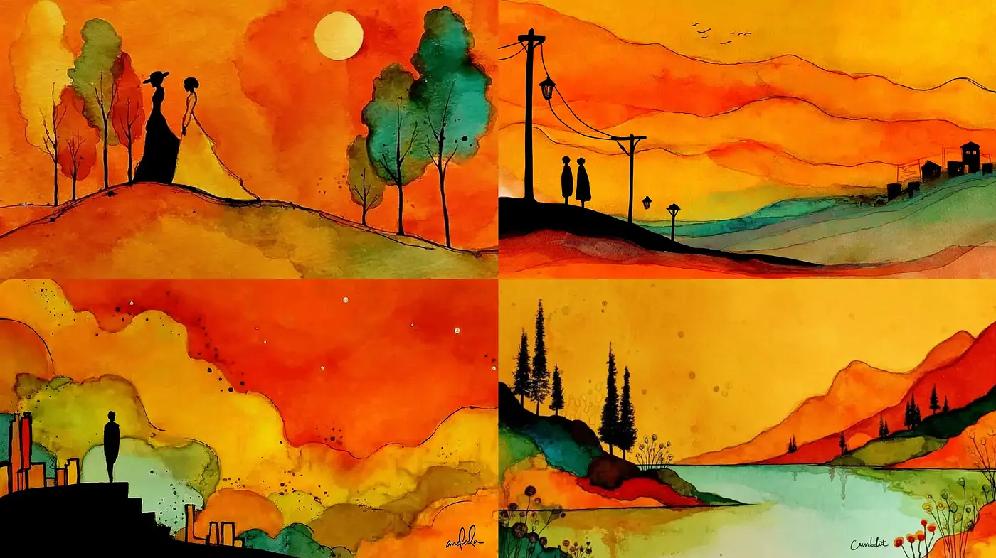 Vibrant watercolor landscapes with a nostalgic quality - Midjourney sref style