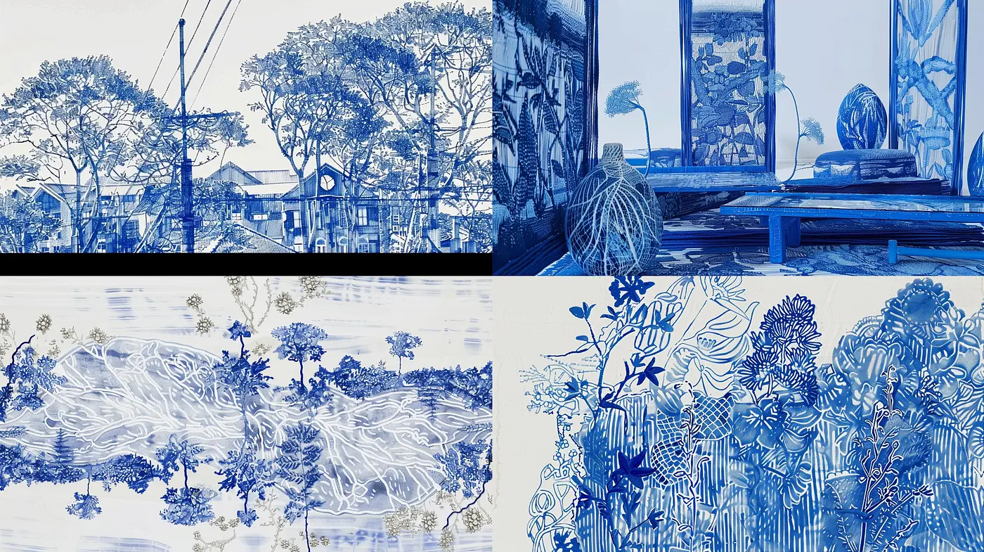 Monochromatic Blue Botanical Dreamscape - Midjourney sref style