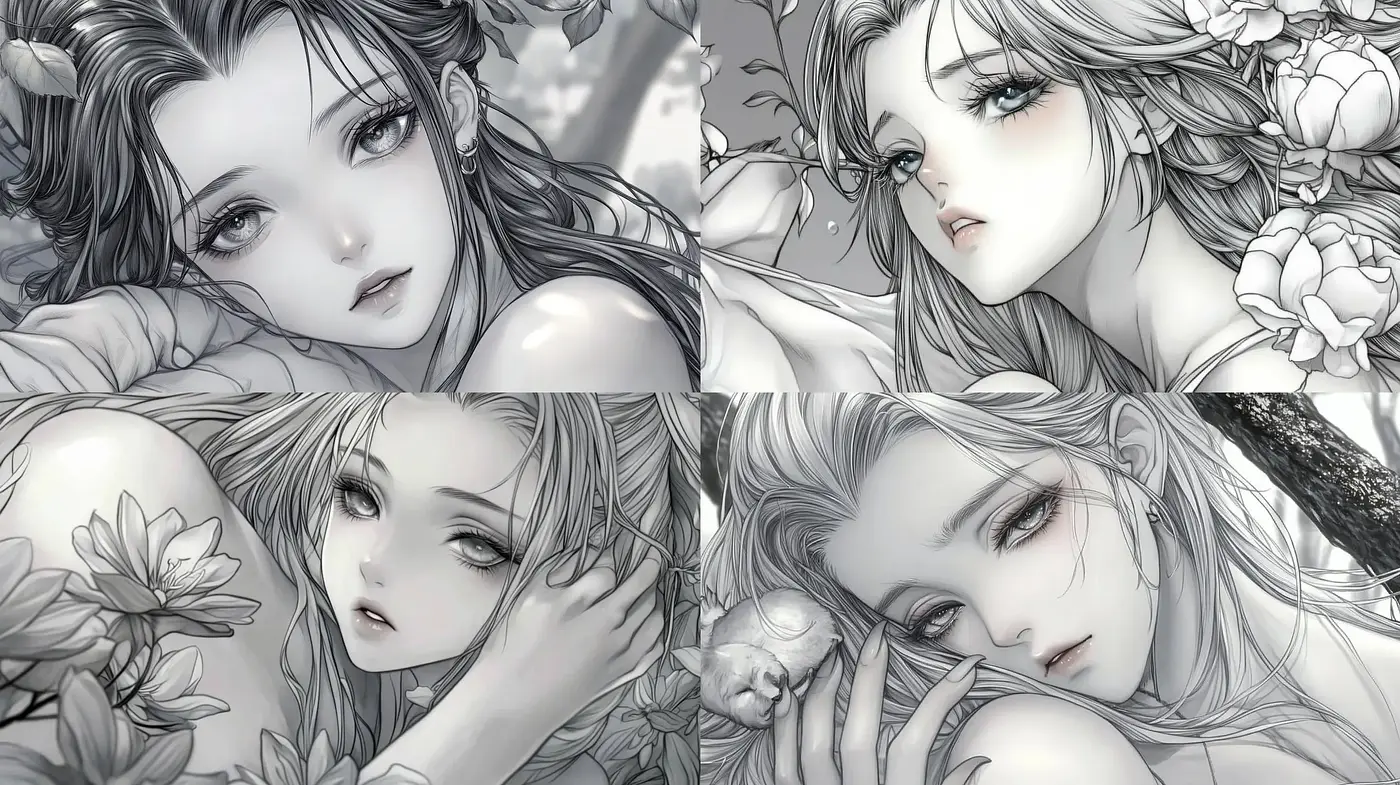 Monochromatic Elegance: A Study in Greyscale Manga Illustration - Midjourney sref style