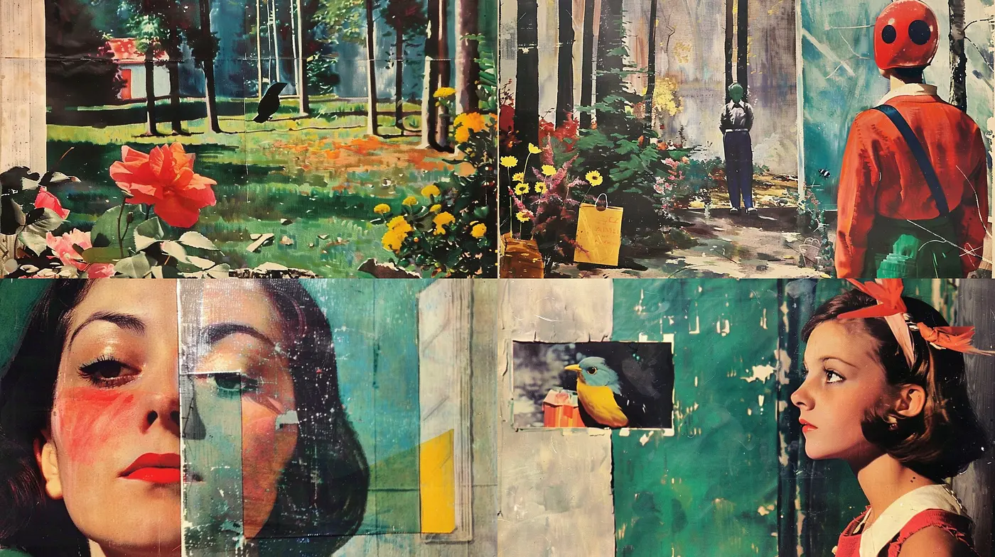 Fragmented Nostalgia: A Collage of Vintage Hues and Textured Memories - Midjourney sref style