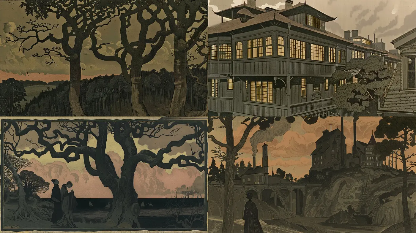 Twilight Hues and Noir Silhouettes - A Study in Woodcut-Inspired Digital Etchings - Midjourney sref style