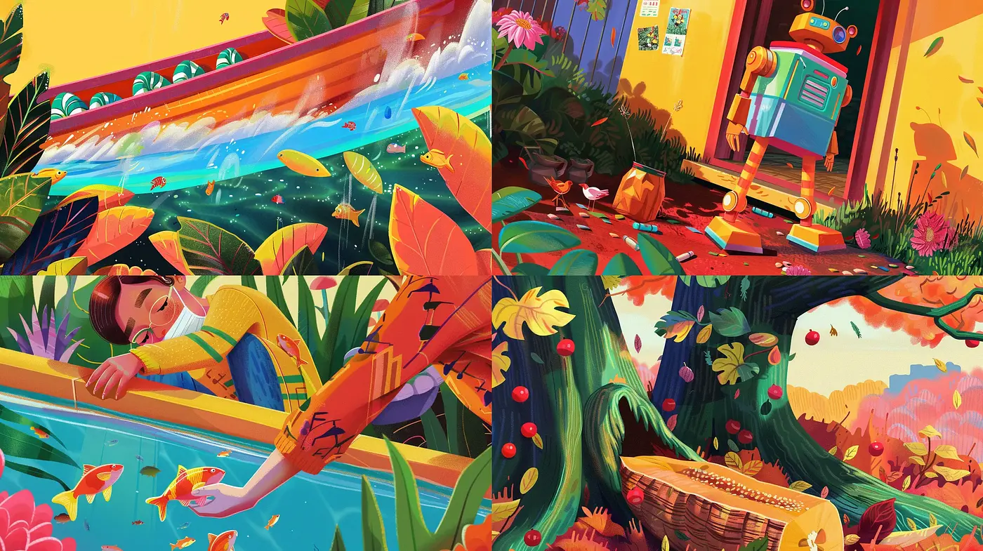 Vibrant Botanical Dreamscape with a Whimsical Retro Twist - Midjourney sref style