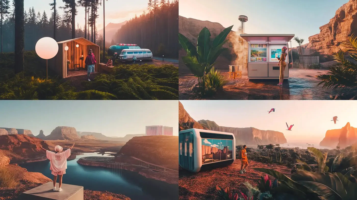 Sunset Hues in Stylized Retrofuturistic Vistas - Midjourney sref style