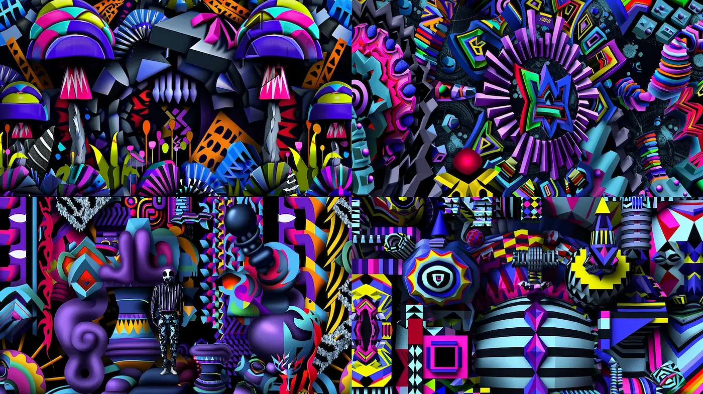 Vivid Geometric Fusion with Psychedelic Influences - Midjourney sref style