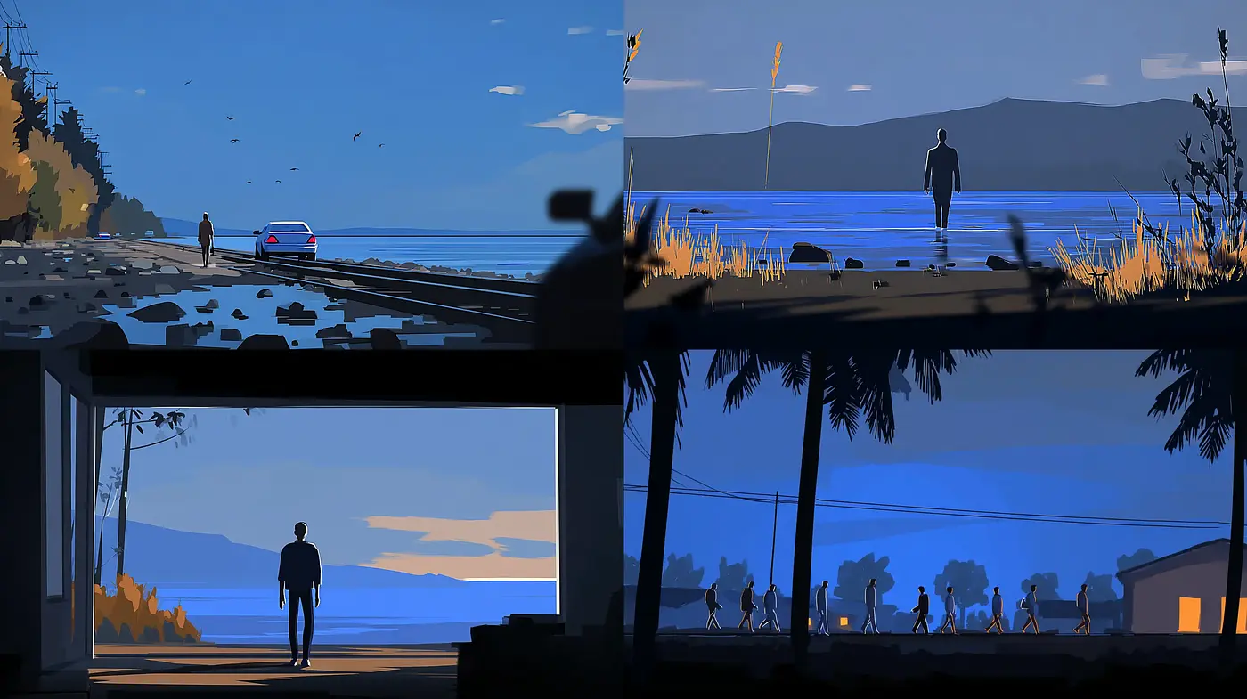 Stylized juxtaposition of tranquil vistas and solitary figures - Midjourney sref style
