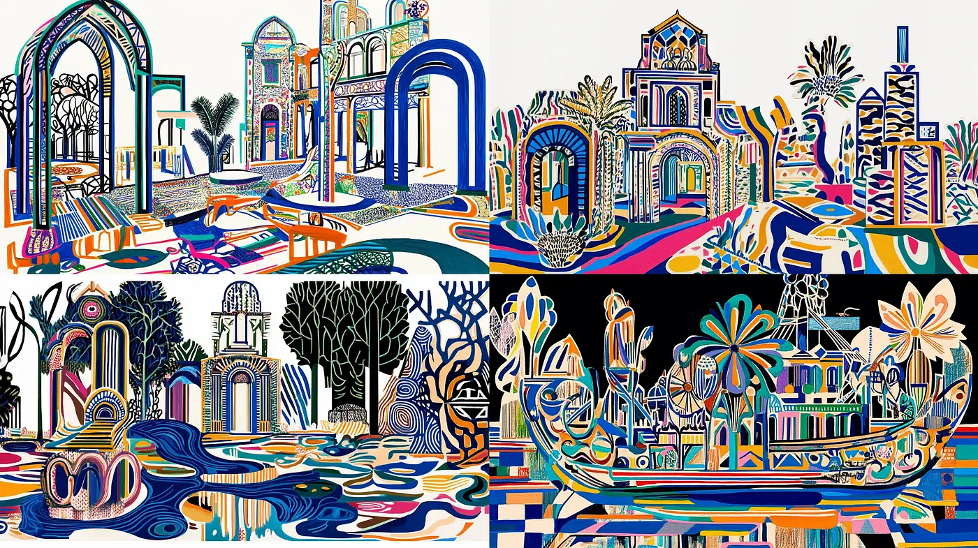 Kaleidoscopic Architectural Fantasies in Vibrant Contrast - Midjourney sref style