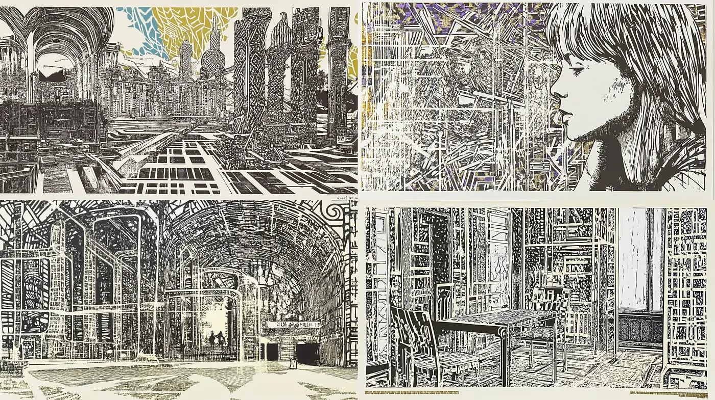 Intricate Linear Geometric Abstraction with Monochromatic Depth - Midjourney sref style