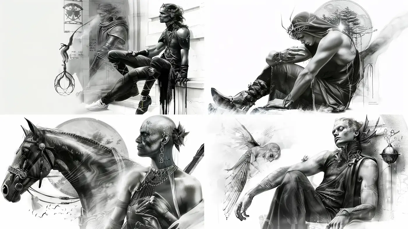 Monochromatic Fantasy with Intricate Textural Elements - Midjourney sref style
