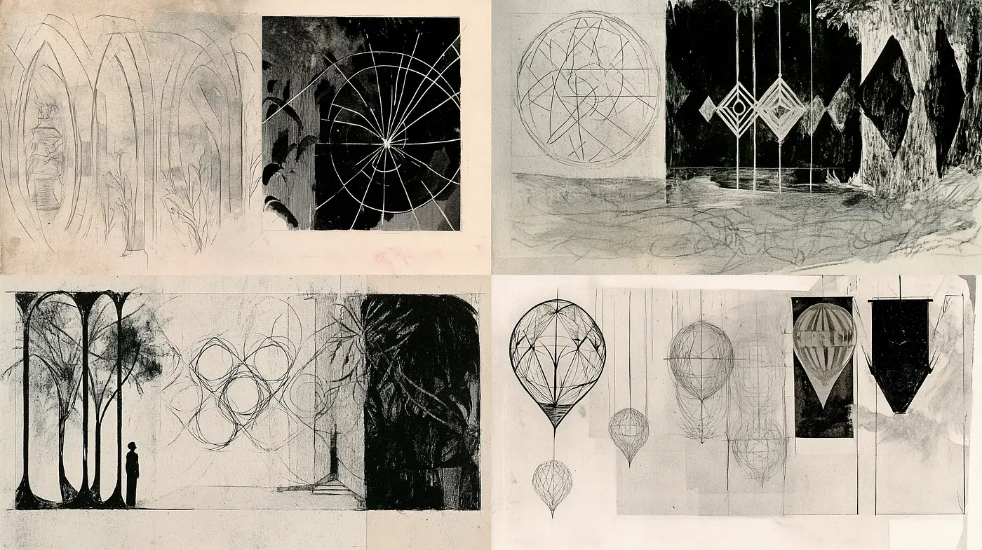 Monochromatic Dreamscape of Geometric Intrigue - Midjourney sref style
