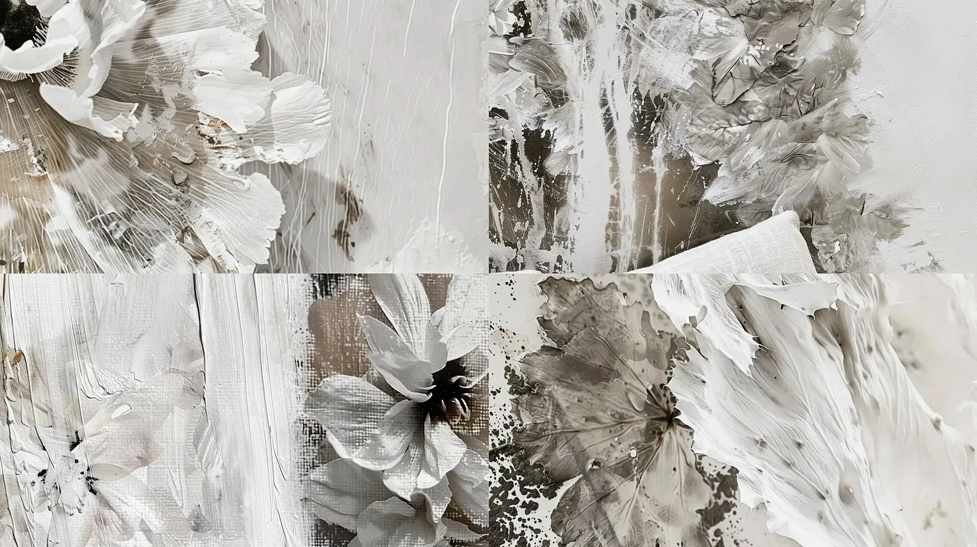 Ethereal Textural Harmony: A Study in Monochromatic Abstract Expressionism - Midjourney sref style