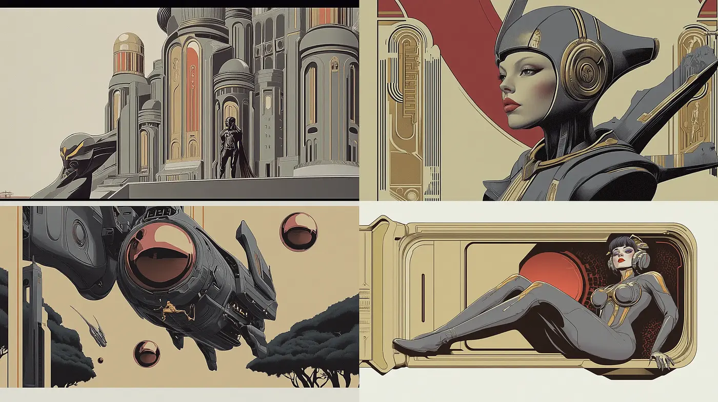 Futuristic Deco Elegance in Monochromatic Gold - Midjourney sref style
