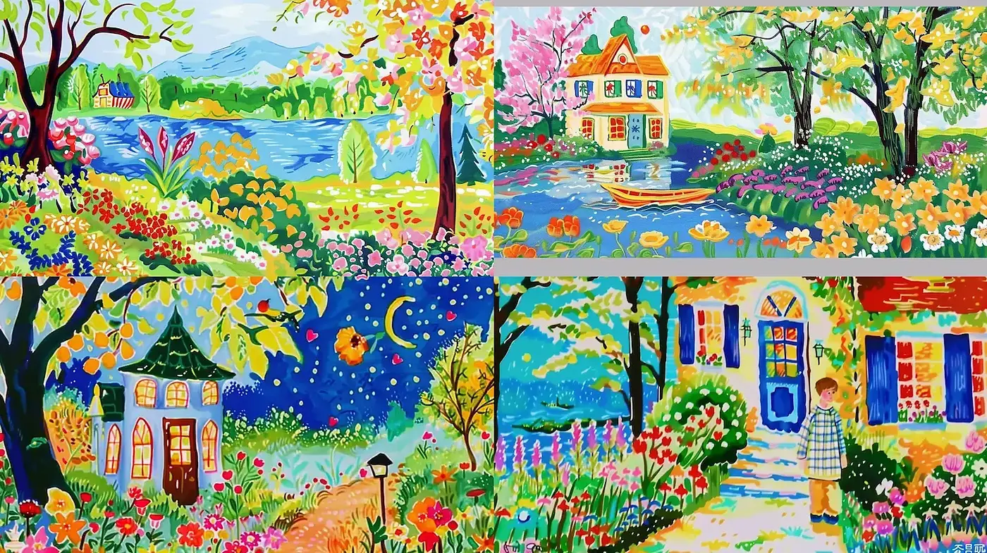 Vibrant and Whimsical Landscape Illustrations with a Cheerful Atmosphere - Midjourney sref style