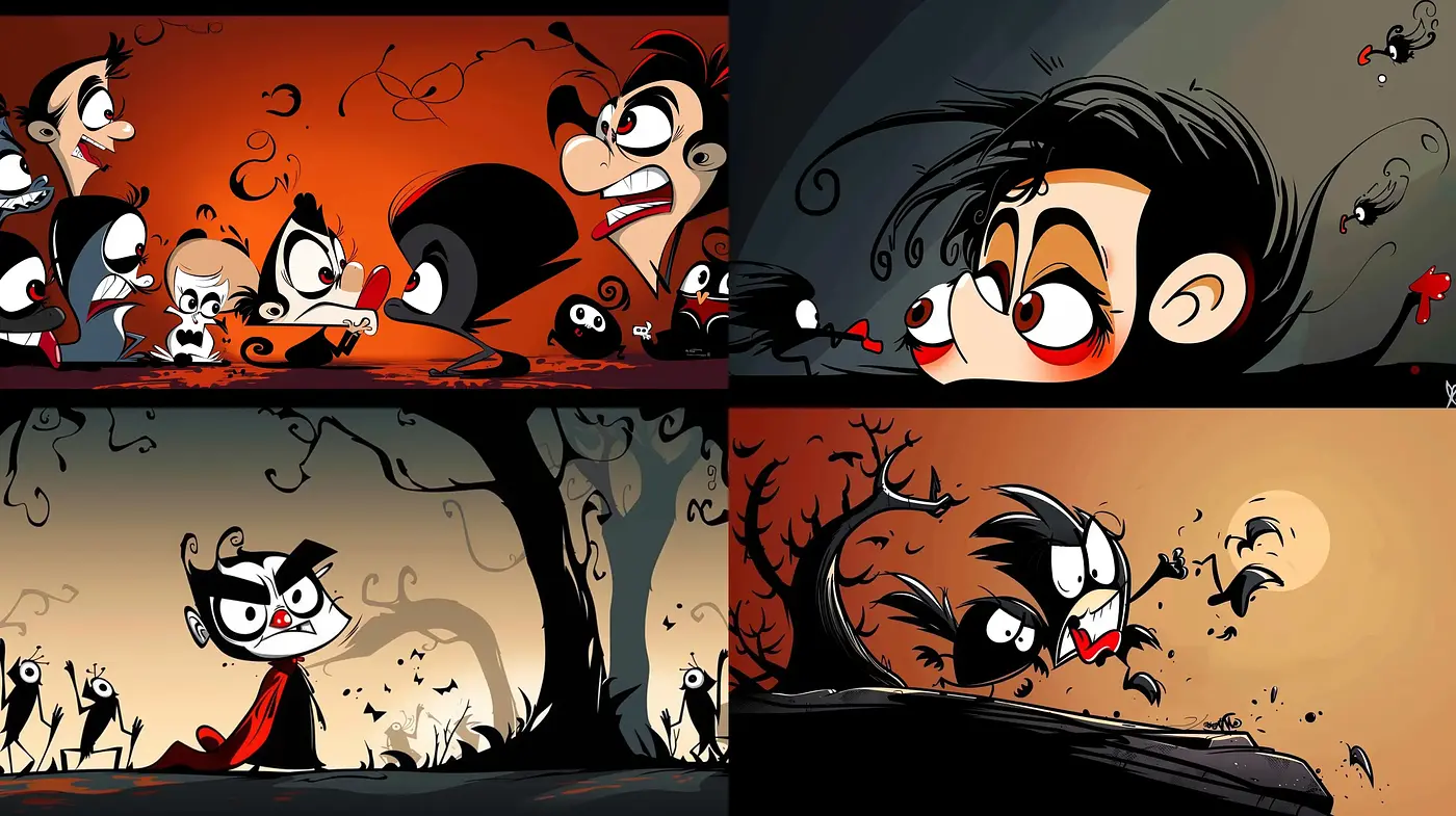 Whimsical Cartoon Gothic - A Dance of Expressive Shadows and Red Accents - Midjourney sref style