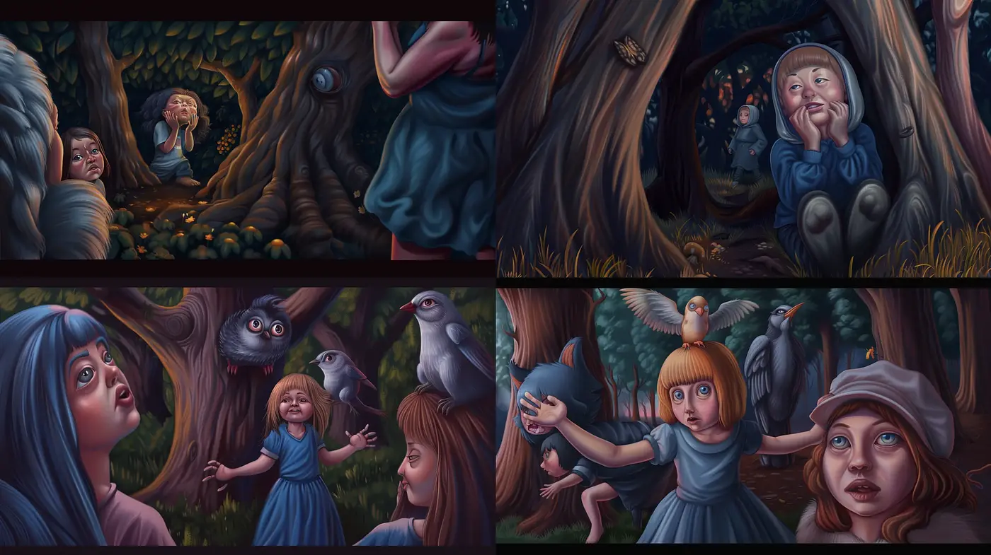 Enigmatic Twilight Saga in Surreal Storybook Illustration - Midjourney sref style