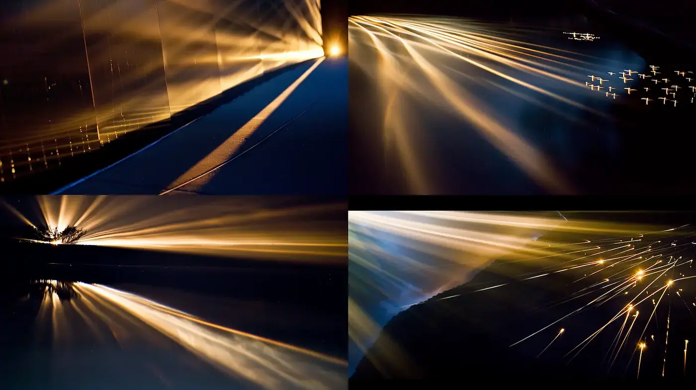 Dynamic Light Trails with an Ethereal Vibe Representing Motion - Midjourney sref style