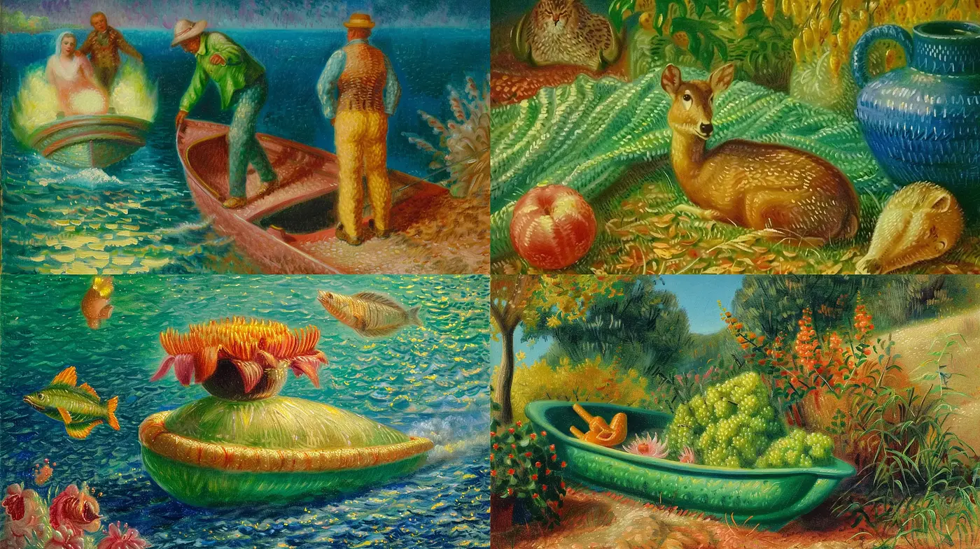Lush Botanical Dreamscapes in Vibrant Pointillist Hues - Midjourney sref style