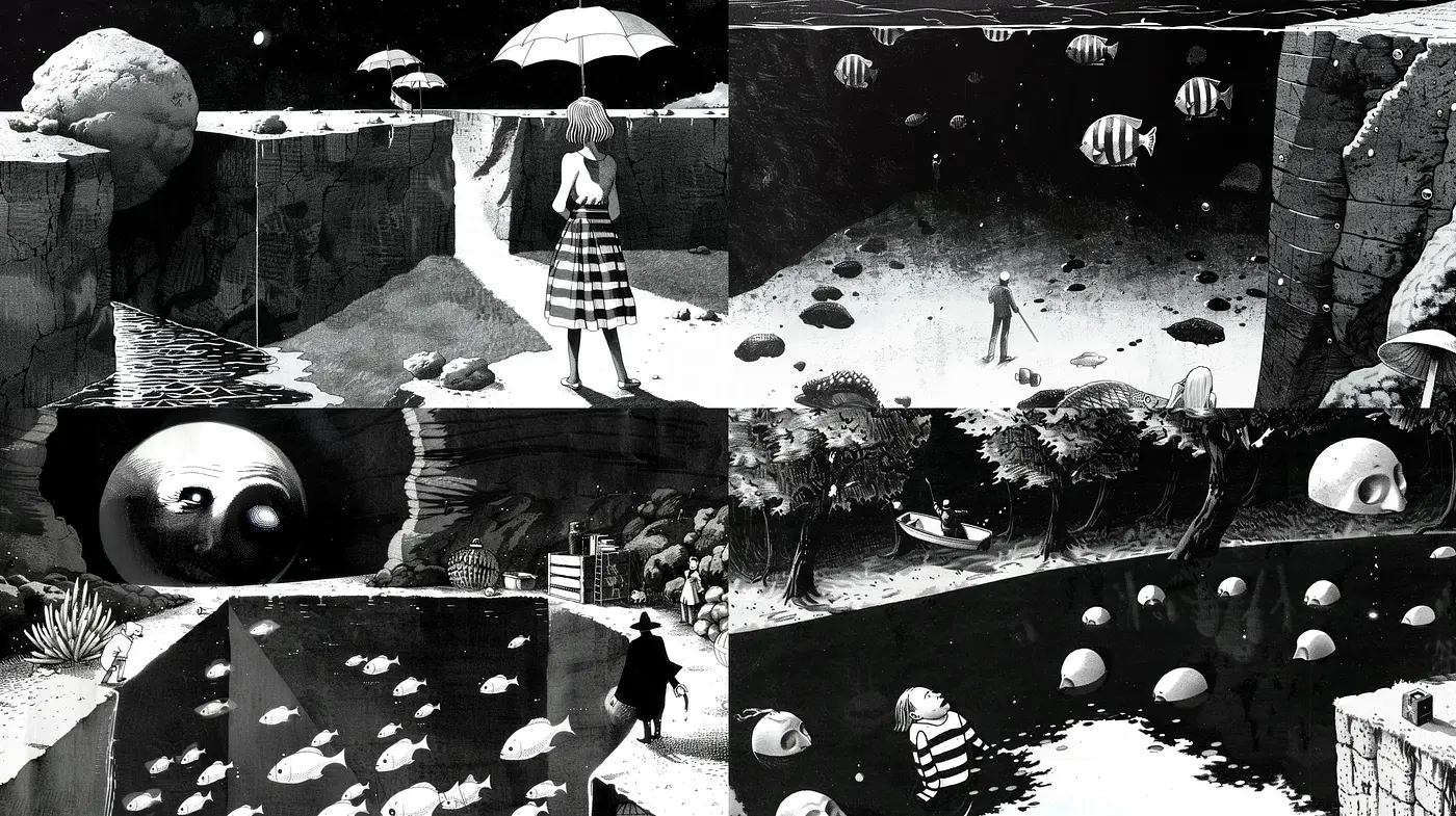 Surreal Dreamscape in Monochromatic Etching - Midjourney sref style
