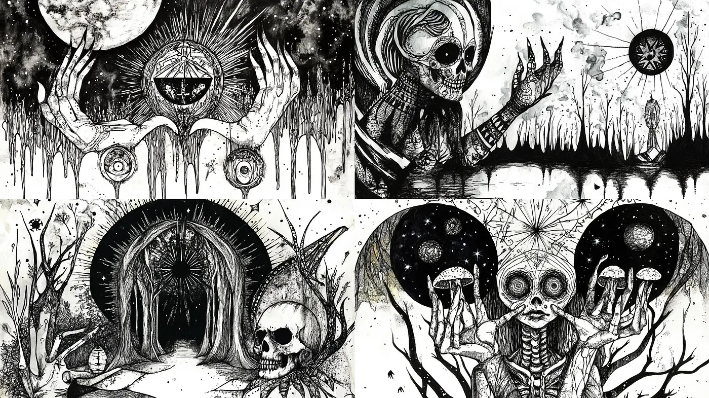 Surrealist Monochromatic Nightmare Visions - Midjourney sref style