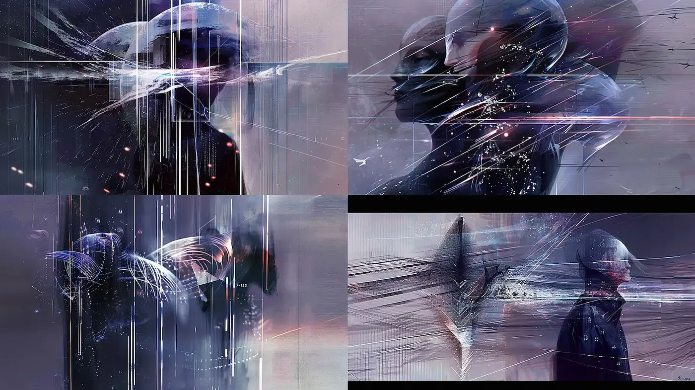 Futuristic and Ethereal Blend of Digital Abstraction and Human Form - Midjourney sref style