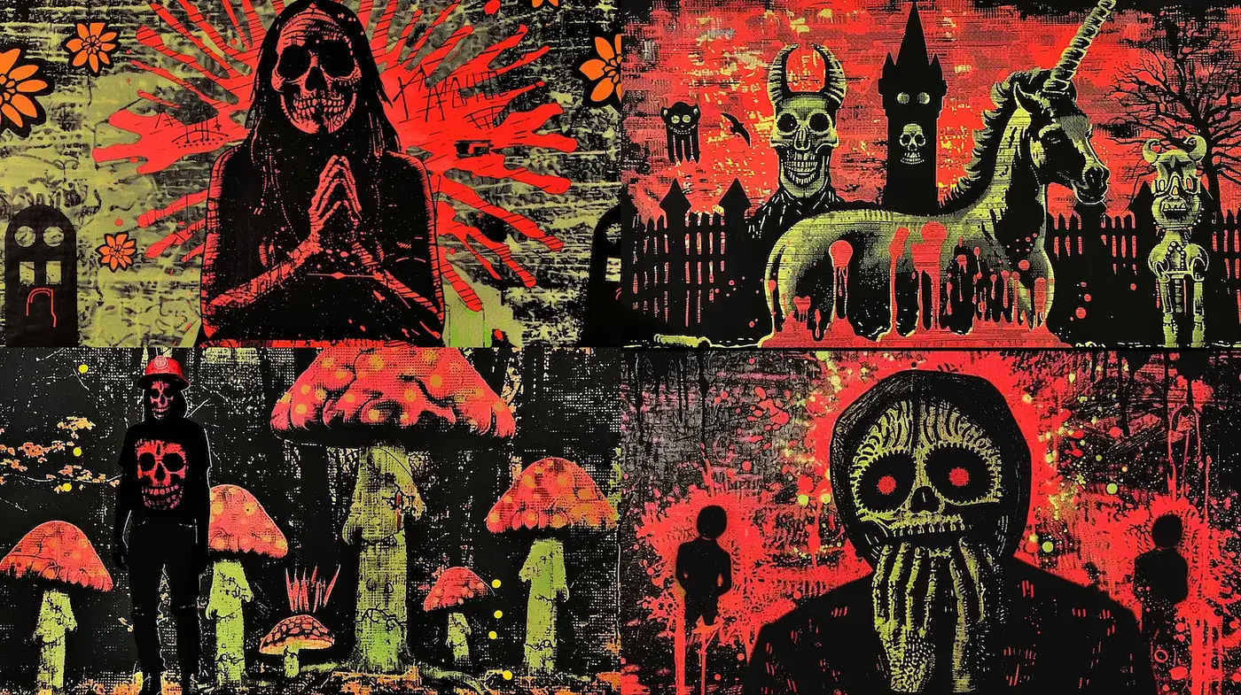Bold and haunting psychedelic artwork with a surreal twist - Midjourney sref style