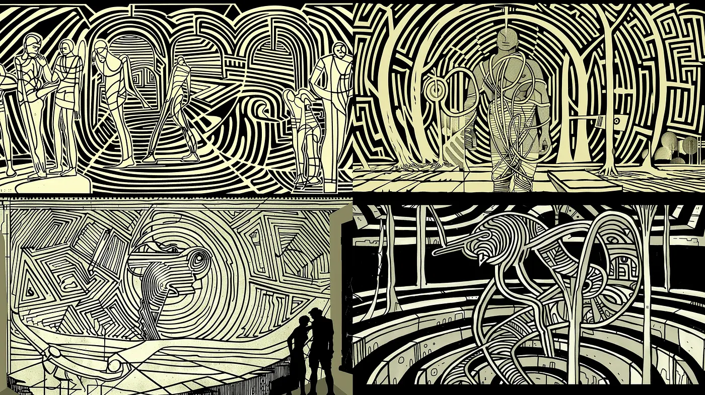 Labyrinthine Monochrome Dreamscape: A Homage to Surrealist Line Art - Midjourney sref style
