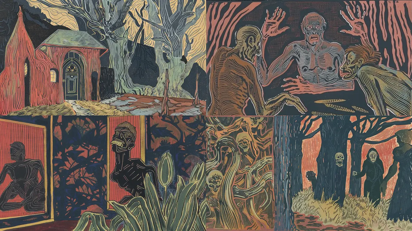 Eerie Expressionism with Engraved Woodcut Aesthetics - Midjourney sref style