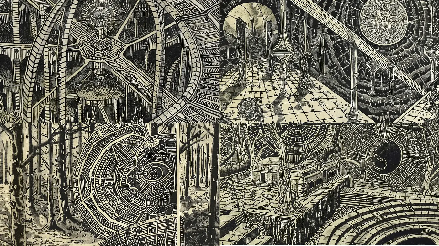 Intricate Labyrinthine Dreamscape in a Refined Sepia Tone - Midjourney sref style