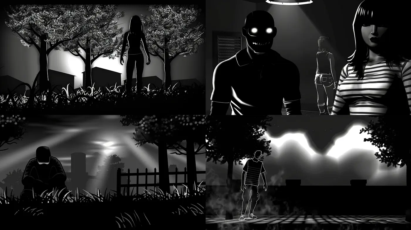 Monochromatic Silhouette Narratives: A Fusion of Noir and Graphic Novel Elements - Midjourney sref style