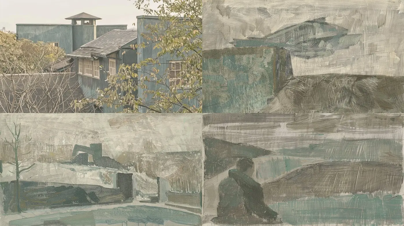 Monochromatic Whispers of Textured Serenity: A Study in Consistent Brushwork and Subdued Hues - Midjourney sref style
