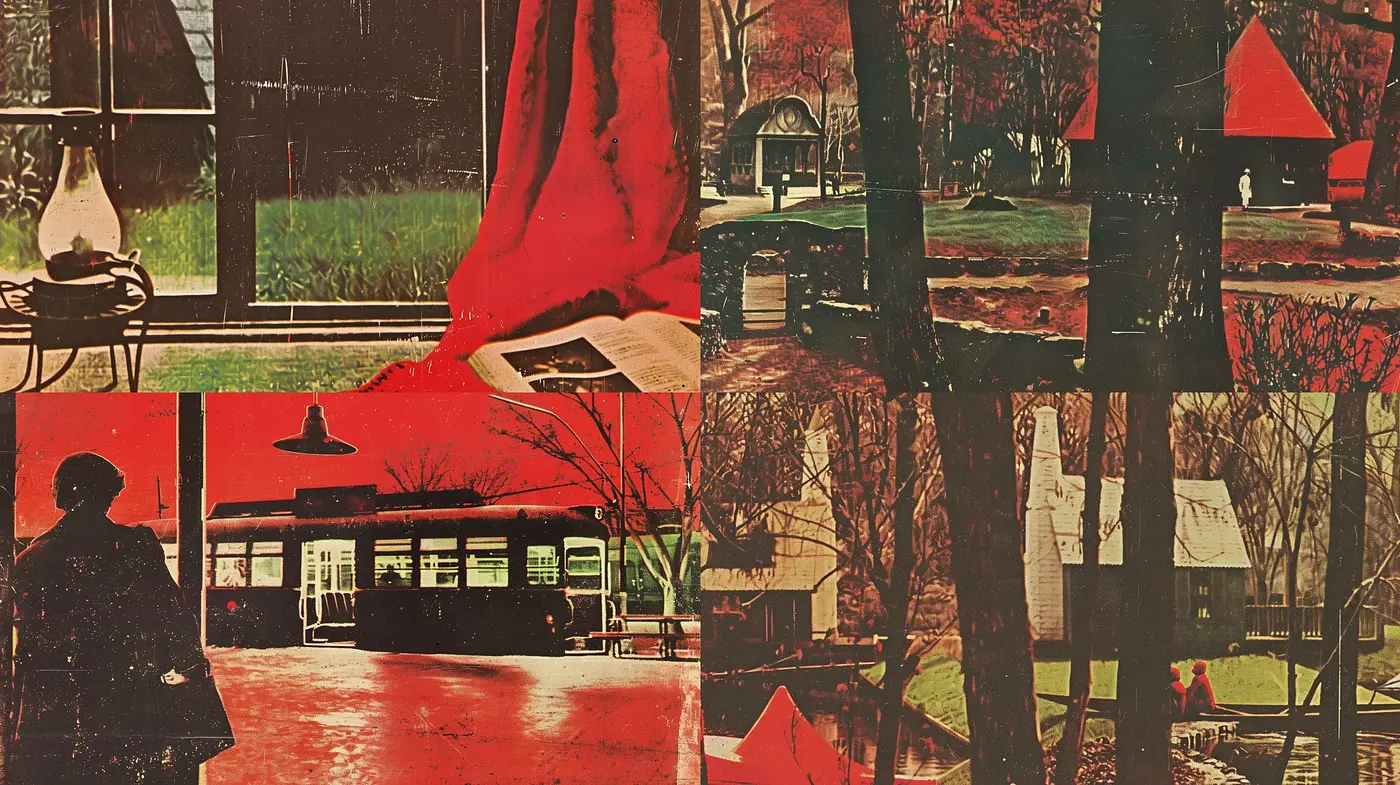 Retro Sepia Toned Collage with Vivid Red Accents - Midjourney sref style
