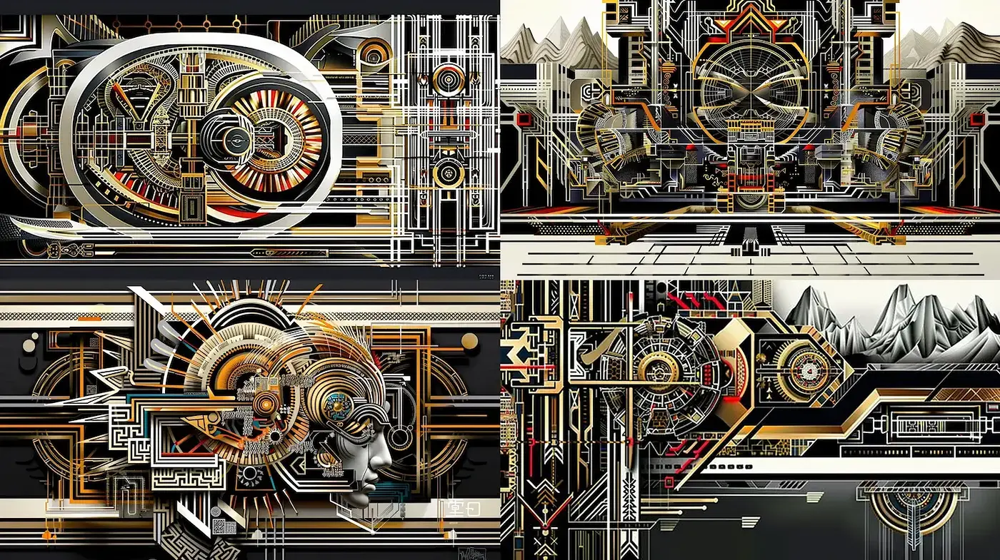 Futuristic Geometric Dynamics with a Blend of Art Deco and Cyberpunk Aesthetics - Midjourney sref style