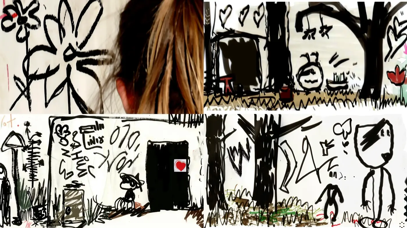 Childlike Innocence in Monochromatic Sketches - Midjourney sref style