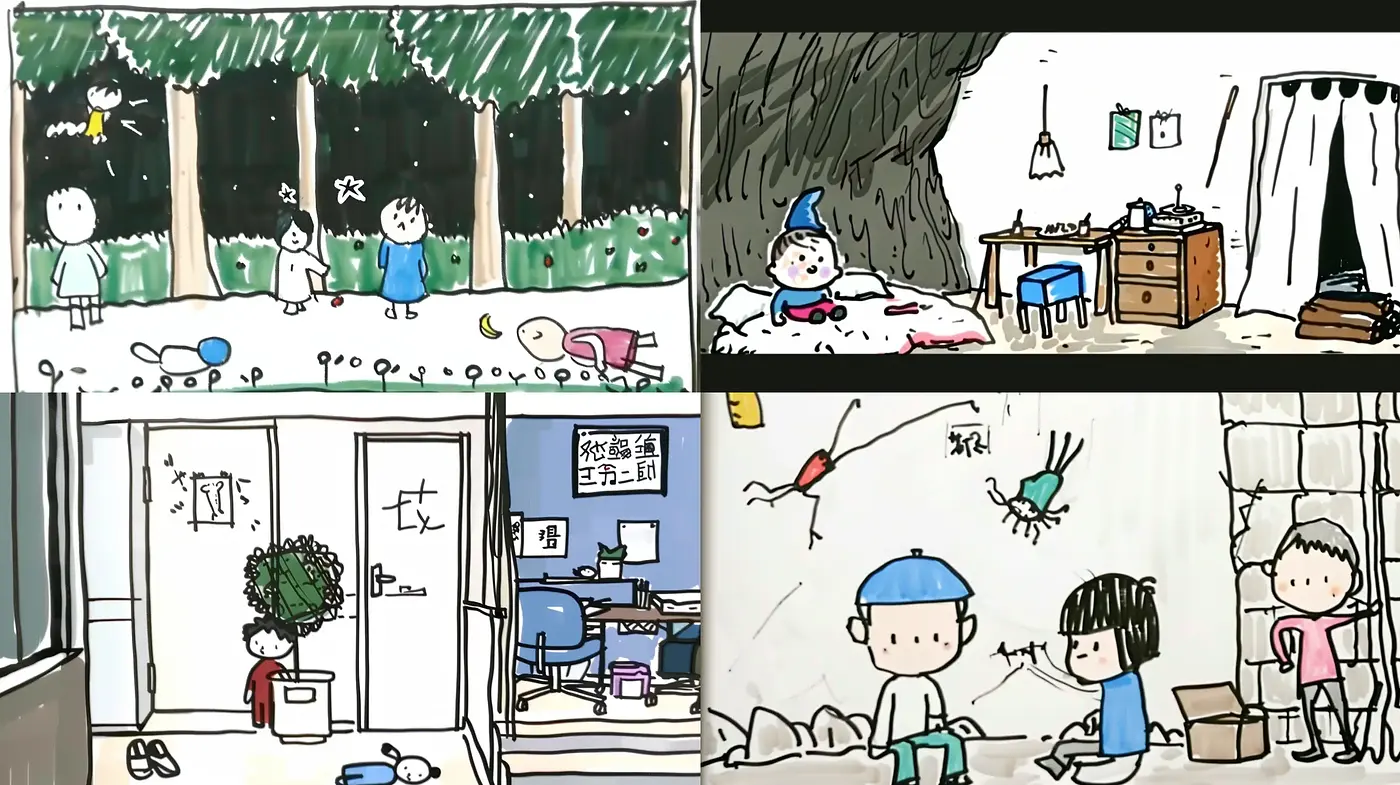 Hand-drawn Simplistic Scene Interpretations with a Whimsical Charm - Midjourney sref style