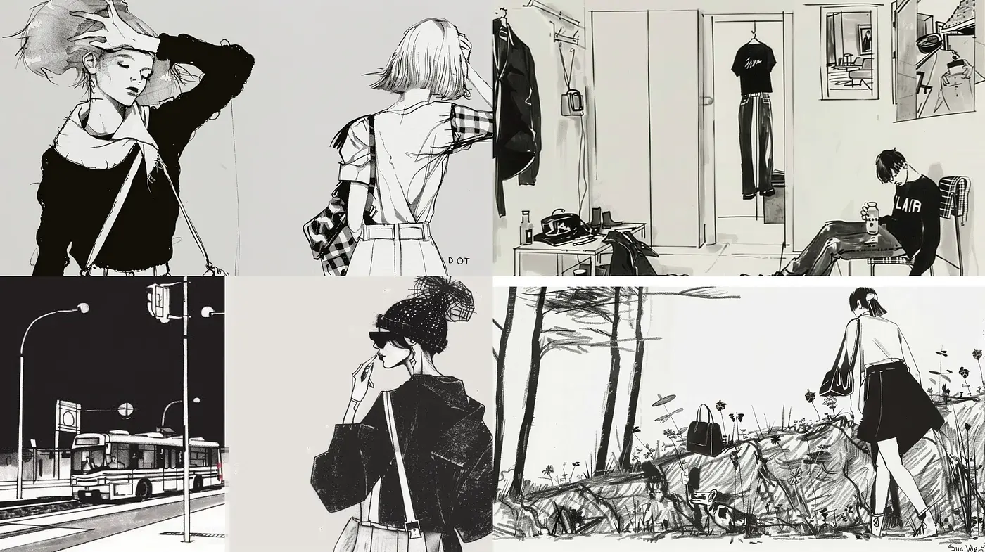 Monochromatic Sketch-like Illustration Collection with a Contemporary Edge - Midjourney sref style