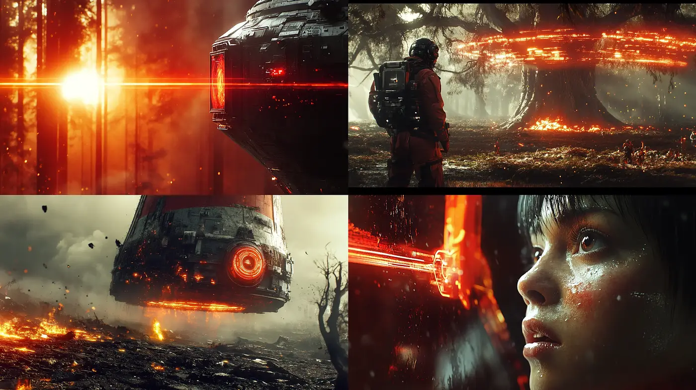 Apocalyptic Blaze and Resilience: A Cinematic Sci-Fi Art Style - Midjourney sref style
