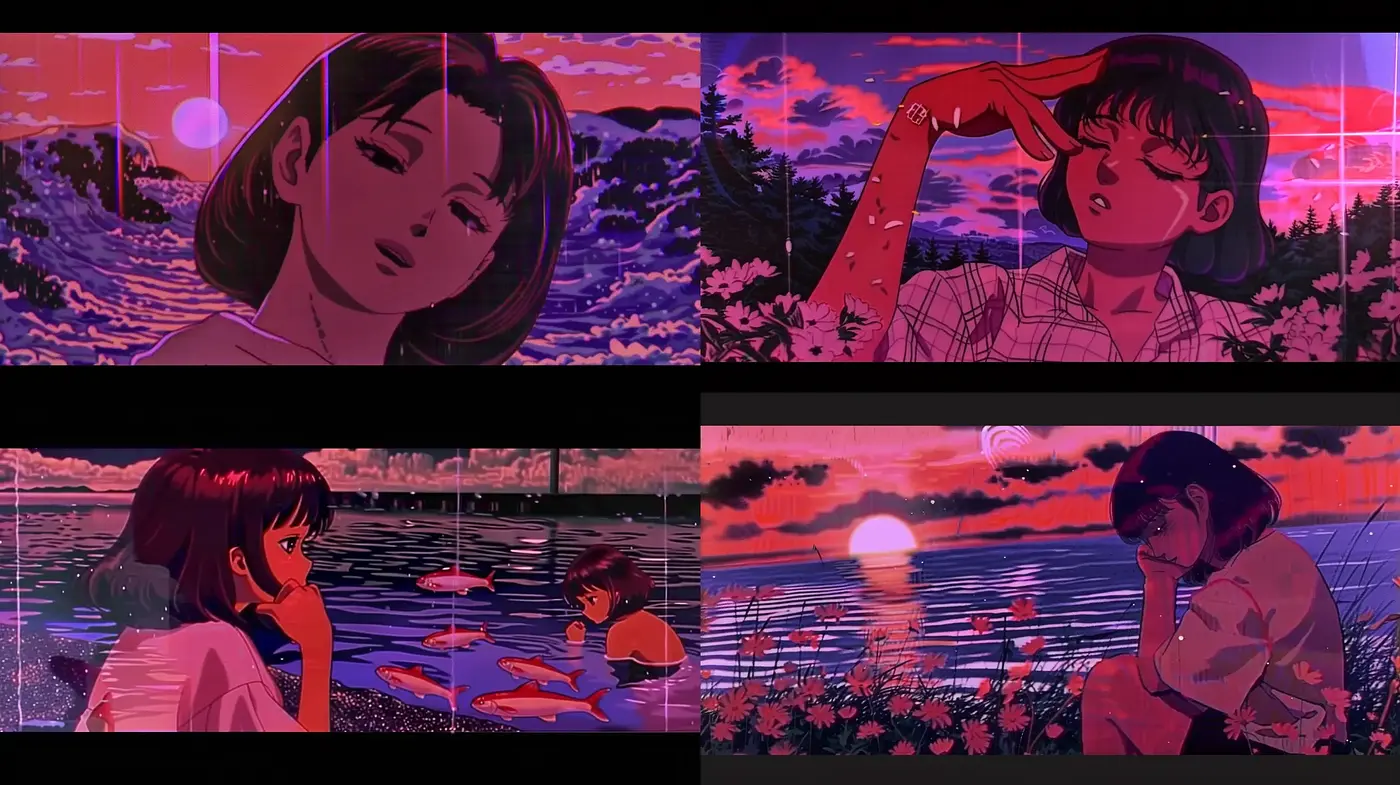 Twilight Hues and Anime Dreams: A Study in Vivid Chromatics and Expressive Linework - Midjourney sref style
