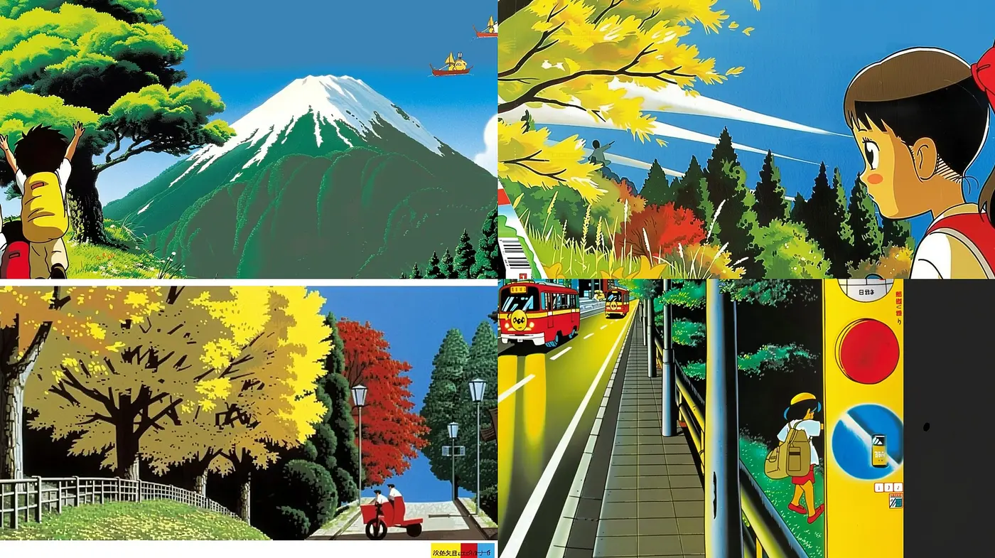 Vibrant Retro Animation Panorama: A Homage to Classic Japanese Anime - Midjourney sref style