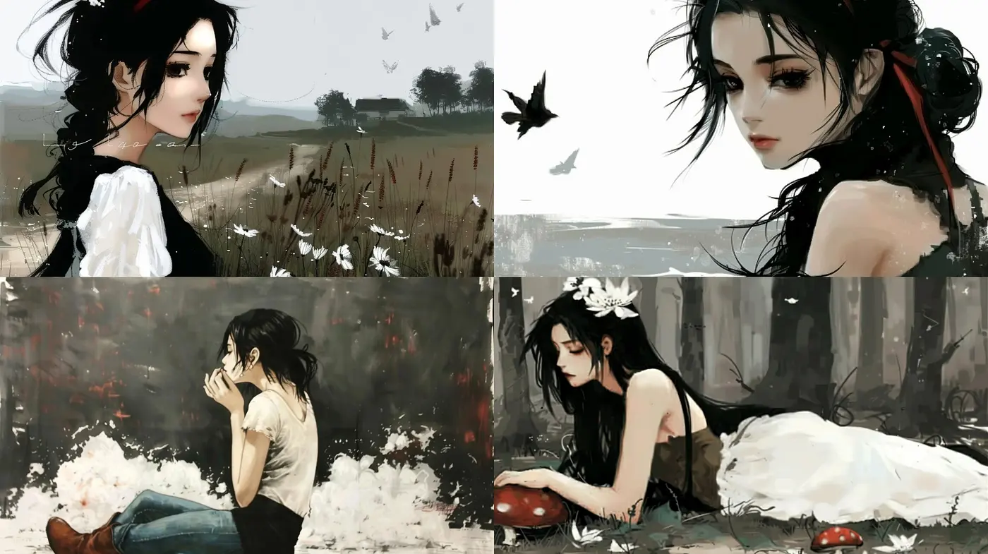 Melancholic Elegance in Textured Brushstrokes: A Blending of Anime Realism and Impressionistic Colors - Midjourney sref style