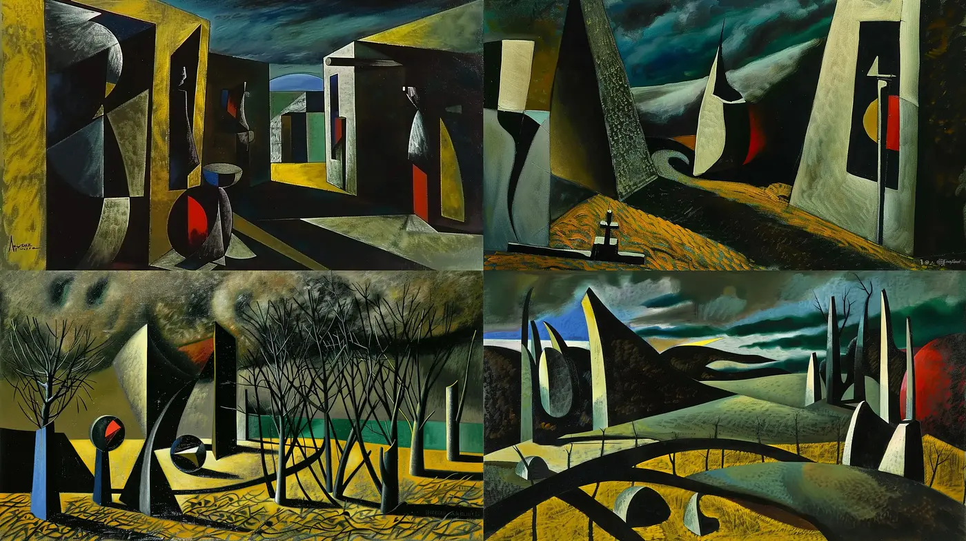 Surrealist Dreamscape: A Harmonious Balance of Earthy Tones and Abstract Forms - Midjourney sref style