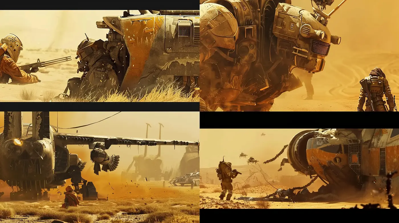 Desolate Futurescapes: Dusty Visions of Post-Apocalyptic Mechanization - Midjourney sref style