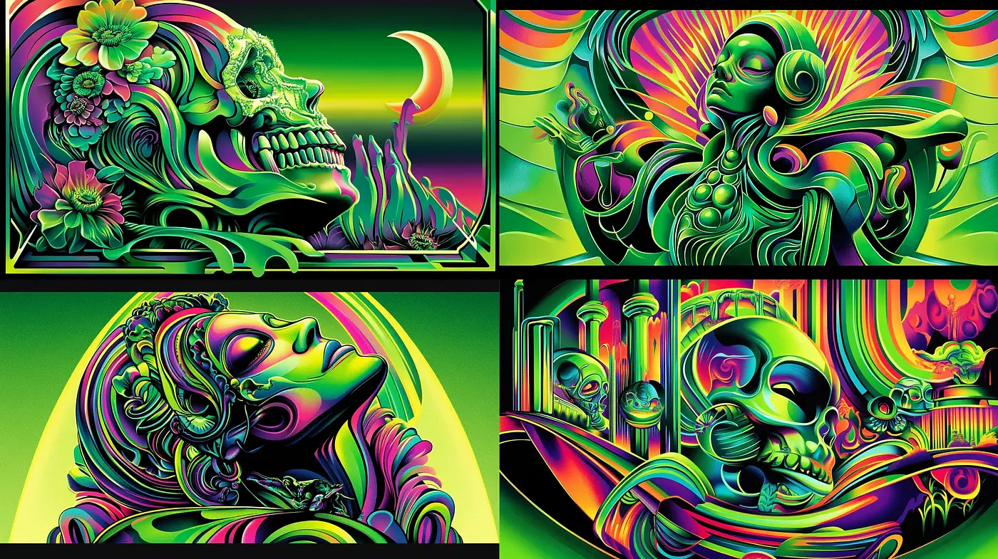 Psychedelic Dreamscape: A Vivid Exploration of Surrealism and Neon Contrasts - Midjourney sref style