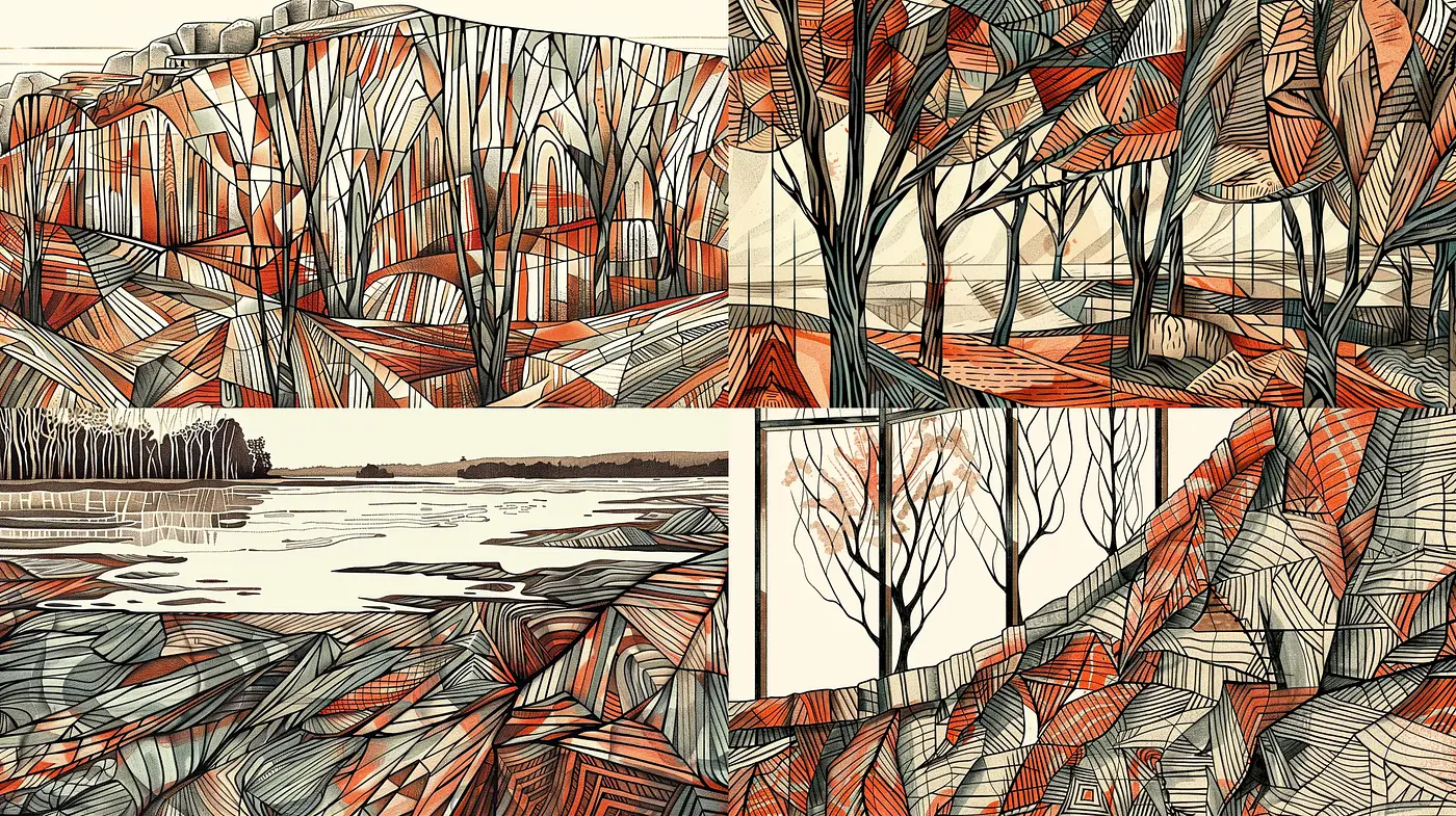 Autumnal Hues and Linear Textures in Stylized Nature Scenes - Midjourney sref style