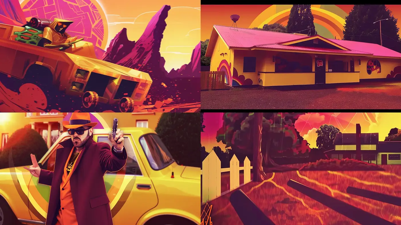 Saturated Synthwave Sunset: A Homage to Retrofuturism and Vibrant Nostalgia - Midjourney sref style